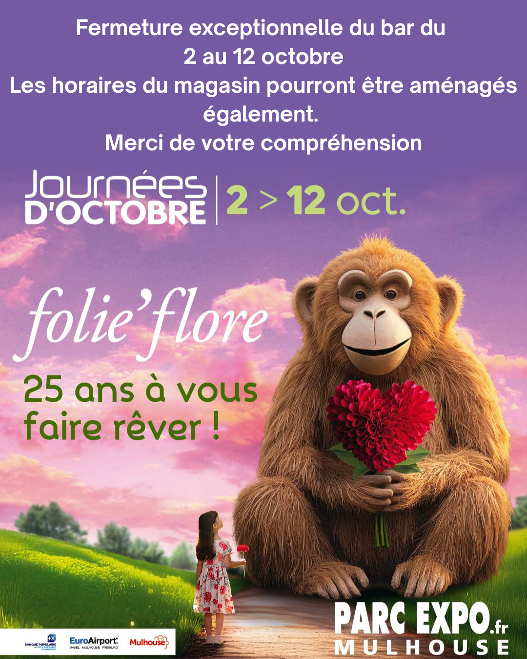 Fermeture exceptionnelle du bar La Bicéphale du 02 au 12 octobre 2025 car nous serons à Folie Flore